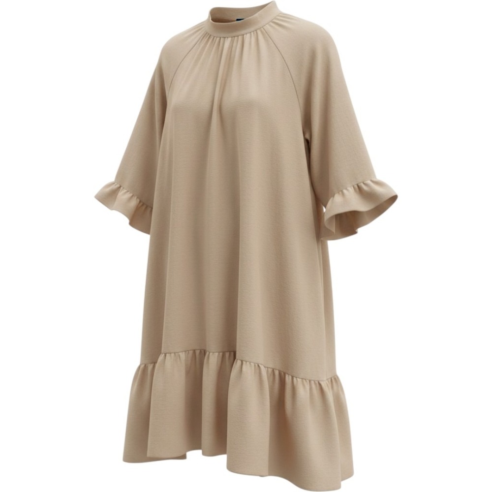 Y.A.S Peach Tan Linen Blend Smock Dress High Neck Ruffle Hem XL Lagenlook